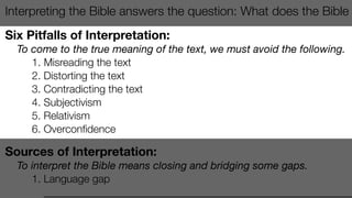 Interpreting the Bible answers the question: What does the Bible
Six Pitfalls of Interpretation:
To come to the true meaning of the text, we must avoid the following.
	 1.	Misreading the text
	 2. Distorting the text
	 3. Contradicting the text
	 4. Subjectivism
	 5. Relativism
	 6. Overconﬁdence
Sources of Interpretation:
To interpret the Bible means closing and bridging some gaps.
	 1. Language gap
	 	 __________________________________________________________
 