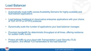 © 2017 APPS ASSOCIATES LLC13 © 2017 APPS ASSOCIATES LLC13
Load Balancer
• Automatically route traffic across Availability Domains for highly-available and
fault-tolerant applications
• Load balance traditional or cloud-native enterprise applications with your choice
of TCP, HTTP or HTTP/2 protocols
• Dynamically scale the number of applications your load balancer manages
• Provision bandwidth for deterministic throughput at all times, offering resilience
for sudden traffic bursts
• Protect all traffic to your cloud with Transportation Layer Security (TLS)
encryption, and offload TLS handshakes to the load balancer
 
