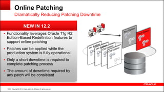 Copyright © 2014, Oracle and/or its affiliates. All rights reserved.122
 Functionality leverages Oracle 11g R2
Edition-Based Redefinition features to
support online patching
 Patches can be applied while the
production system is fully operational
 Only a short downtime is required to
complete patching process
 The amount of downtime required by
any patch will be consistent
NEW IN 12.2
Online Patching
Dramatically Reducing Patching Downtime
 