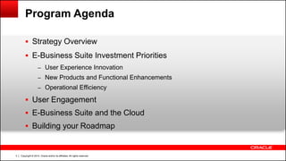 Copyright © 2014, Oracle and/or its affiliates. All rights reserved.3
Program Agenda
 Strategy Overview
 E-Business Suite Investment Priorities
– User Experience Innovation
– New Products and Functional Enhancements
– Operational Efficiency
 User Engagement
 E-Business Suite and the Cloud
 Building your Roadmap
 