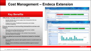 Copyright © 2014, Oracle and/or its affiliates. All rights reserved.33
 Effectively manage period close process
 Quickly identify and correct supply chain transactions that are
delaying period close
 Analyze root cause of bottleneck transactions and initiate
corrective measures
 Ensure accuracy of accounting transactions across sub
ledgers
 Reconcile accounting transactions posted across multiple
sub ledgers to identify discrepancies
 Review all accounting entries in the context of any business
document before GL posting
 Improve global procurement decisions based on landed
costs
 Source efficiently using the right suppliers based on overall landed cost
structures
 Mitigate risks by identifying outstanding liabilities against received
inventory
Key Benefits
Cost Management – Endeca Extension
 
