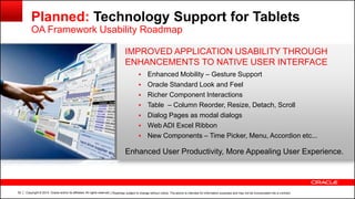 Copyright © 2014, Oracle and/or its affiliates. All rights reserved.52
IMPROVED APPLICATION USABILITY THROUGH
ENHANCEMENTS TO NATIVE USER INTERFACE
 Enhanced Mobility – Gesture Support
 Oracle Standard Look and Feel
 Richer Component Interactions
 Table – Column Reorder, Resize, Detach, Scroll
 Dialog Pages as modal dialogs
 Web ADI Excel Ribbon
 New Components – Time Picker, Menu, Accordion etc...
Enhanced User Productivity, More Appealing User Experience.
Planned: Technology Support for Tablets
OA Framework Usability Roadmap
| Roadmap subject to change without notice. The above is intended for information purposes and may not be incorporated into a contract.
 