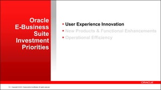 Copyright © 2014, Oracle and/or its affiliates. All rights reserved.8
Oracle
E-Business
Suite
Investment
Priorities
 User Experience Innovation
 New Products & Functional Enhancements
 Operational Efficiency
 