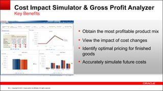 Copyright © 2014, Oracle and/or its affiliates. All rights reserved.82
• Obtain the most profitable product mix
• View the impact of cost changes
• Identify optimal pricing for finished
goods
• Accurately simulate future costs
Cost Impact Simulator & Gross Profit Analyzer
Key Benefits
 