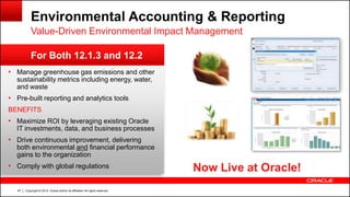 Copyright © 2014, Oracle and/or its affiliates. All rights reserved.97
Environmental Accounting & Reporting
Value-Driven Environmental Impact Management
• Manage greenhouse gas emissions and other
sustainability metrics including energy, water,
and waste
• Pre-built reporting and analytics tools
BENEFITS
• Maximize ROI by leveraging existing Oracle
IT investments, data, and business processes
• Drive continuous improvement, delivering
both environmental and financial performance
gains to the organization
• Comply with global regulations
For Both 12.1.3 and 12.2
Now Live at Oracle!
 