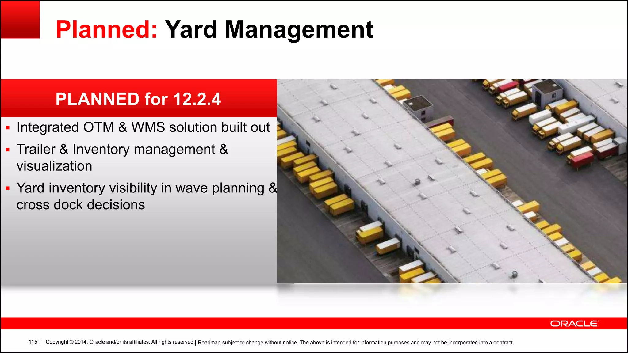 Copyright © 2014, Oracle and/or its affiliates. All rights reserved.115
 Integrated OTM & WMS solution built out
 Trailer & Inventory management &
visualization
 Yard inventory visibility in wave planning &
cross dock decisions
PLANNED for 12.2.4
Planned: Yard Management
| Roadmap subject to change without notice. The above is intended for information purposes and may not be incorporated into a contract.
 
