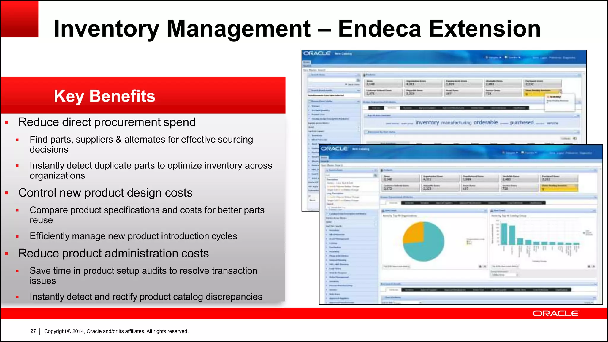 Copyright © 2014, Oracle and/or its affiliates. All rights reserved.27
 Reduce direct procurement spend
 Find parts, suppliers & alternates for effective sourcing
decisions
 Instantly detect duplicate parts to optimize inventory across
organizations
 Control new product design costs
 Compare product specifications and costs for better parts
reuse
 Efficiently manage new product introduction cycles
 Reduce product administration costs
 Save time in product setup audits to resolve transaction
issues
 Instantly detect and rectify product catalog discrepancies
Key Benefits
Inventory Management – Endeca Extension
 