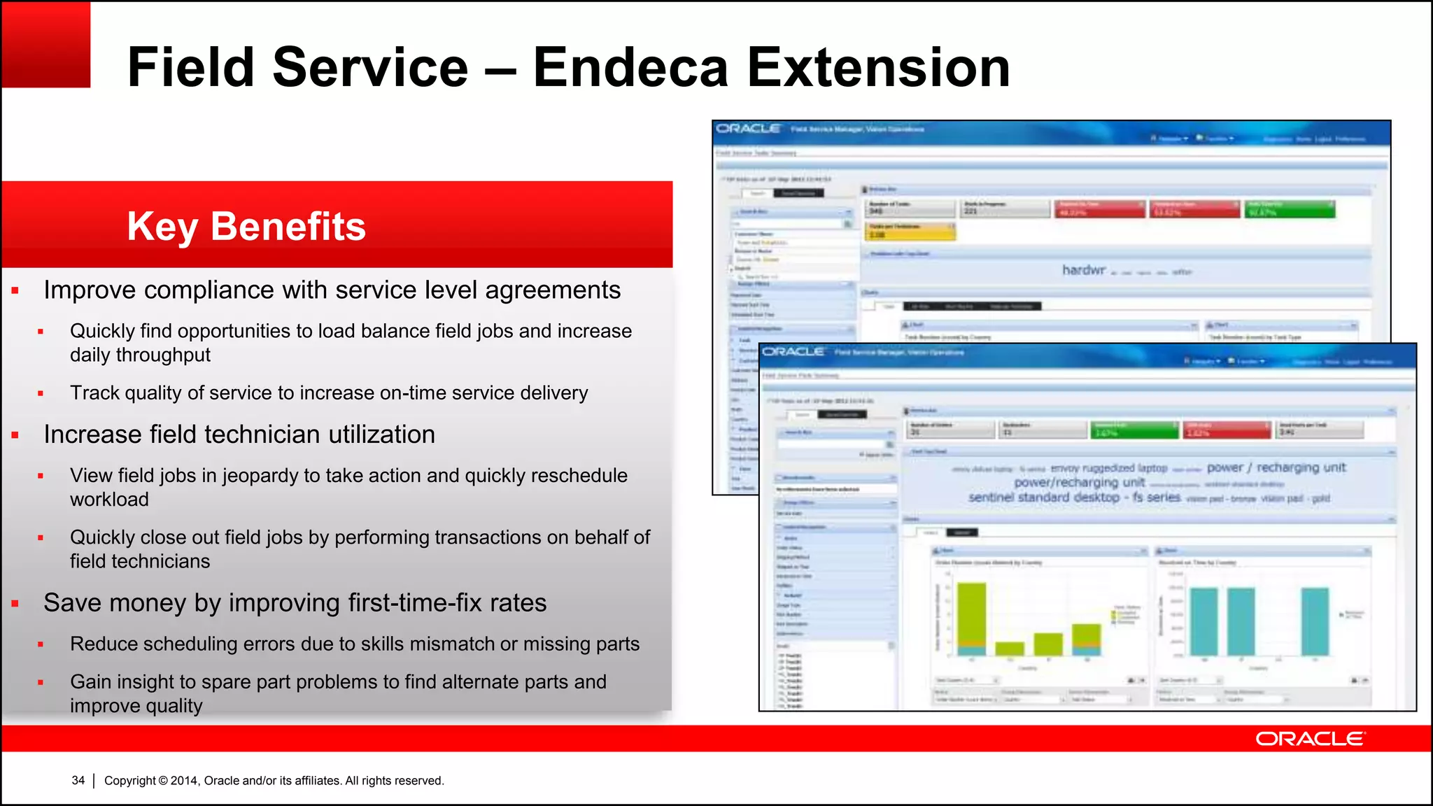 Copyright © 2014, Oracle and/or its affiliates. All rights reserved.34
 Improve compliance with service level agreements
 Quickly find opportunities to load balance field jobs and increase
daily throughput
 Track quality of service to increase on-time service delivery
 Increase field technician utilization
 View field jobs in jeopardy to take action and quickly reschedule
workload
 Quickly close out field jobs by performing transactions on behalf of
field technicians
 Save money by improving first-time-fix rates
 Reduce scheduling errors due to skills mismatch or missing parts
 Gain insight to spare part problems to find alternate parts and
improve quality
Key Benefits
Field Service – Endeca Extension
 