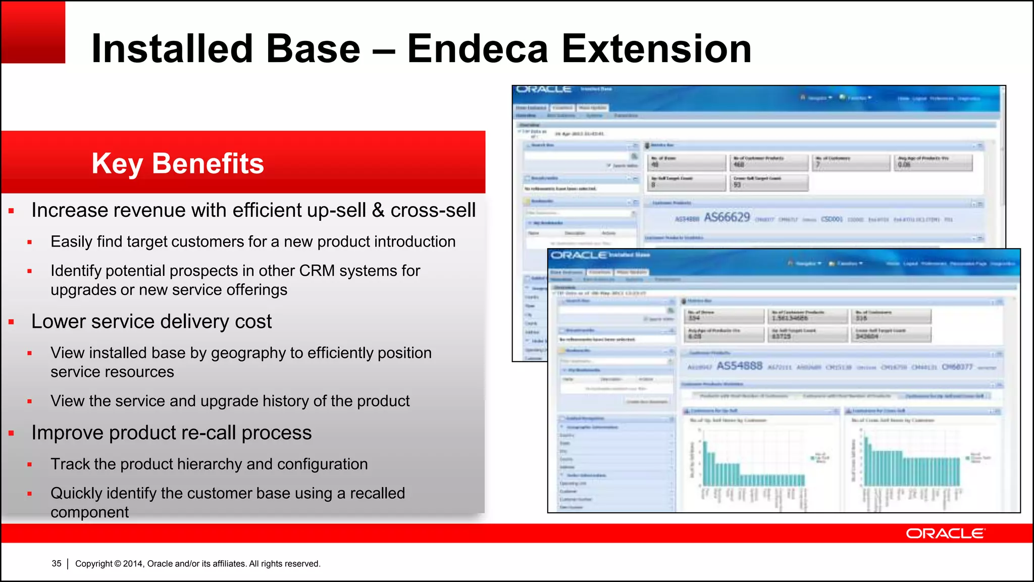 Copyright © 2014, Oracle and/or its affiliates. All rights reserved.35
 Increase revenue with efficient up-sell & cross-sell
 Easily find target customers for a new product introduction
 Identify potential prospects in other CRM systems for
upgrades or new service offerings
 Lower service delivery cost
 View installed base by geography to efficiently position
service resources
 View the service and upgrade history of the product
 Improve product re-call process
 Track the product hierarchy and configuration
 Quickly identify the customer base using a recalled
component
Key Benefits
Installed Base – Endeca Extension
 