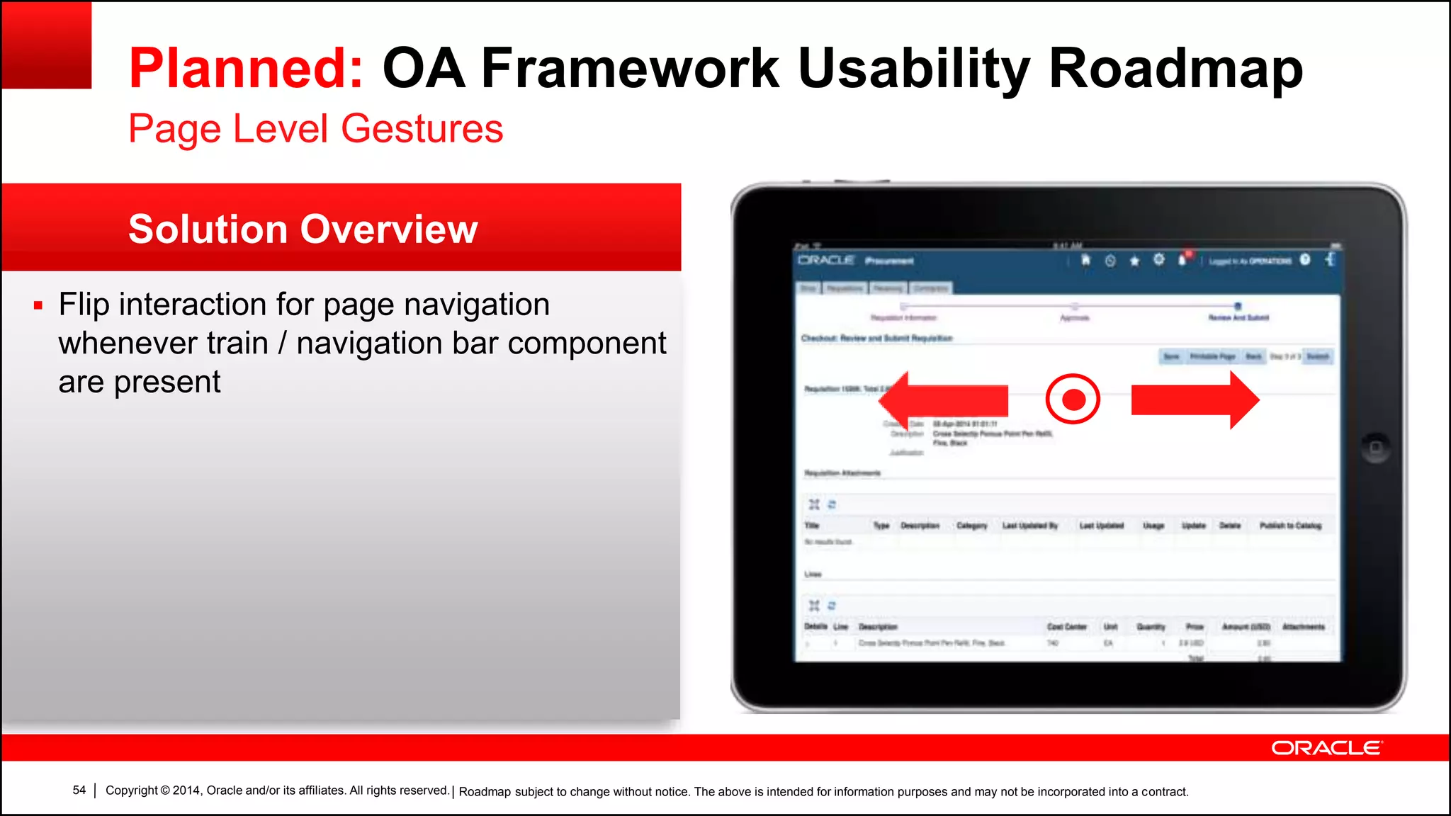 Copyright © 2014, Oracle and/or its affiliates. All rights reserved.54
Solution Overview
Planned: OA Framework Usability Roadmap
 Flip interaction for page navigation
whenever train / navigation bar component
are present
Page Level Gestures
| Roadmap subject to change without notice. The above is intended for information purposes and may not be incorporated into a contract.
 