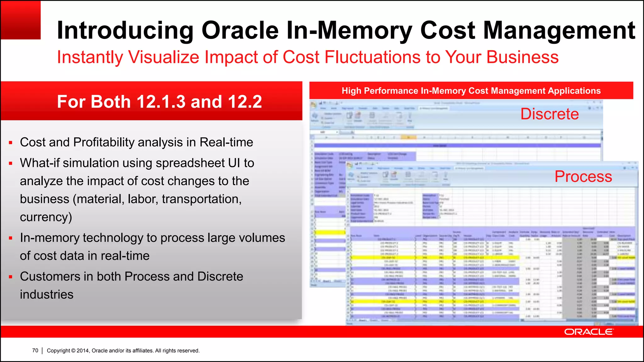 Copyright © 2014, Oracle and/or its affiliates. All rights reserved.70
High Performance In-Memory Cost Management Applications
For Both 12.1.3 and 12.2
Introducing Oracle In-Memory Cost Management
Instantly Visualize Impact of Cost Fluctuations to Your Business
 Cost and Profitability analysis in Real-time
 What-if simulation using spreadsheet UI to
analyze the impact of cost changes to the
business (material, labor, transportation,
currency)
 In-memory technology to process large volumes
of cost data in real-time
 Customers in both Process and Discrete
industries
Discrete
Process
 