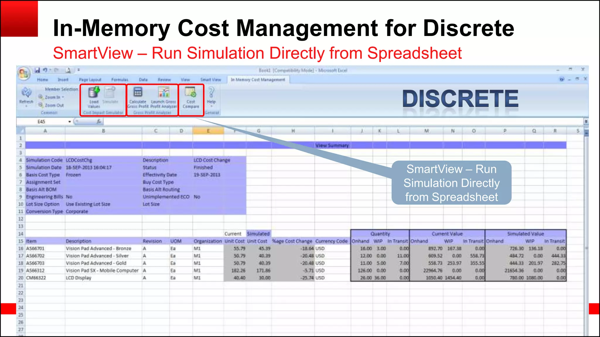 Copyright © 2014, Oracle and/or its affiliates. All rights reserved.72
In-Memory Cost Management for Discrete
SmartView – Run Simulation Directly from Spreadsheet
SmartView – Run
Simulation Directly
from Spreadsheet
 