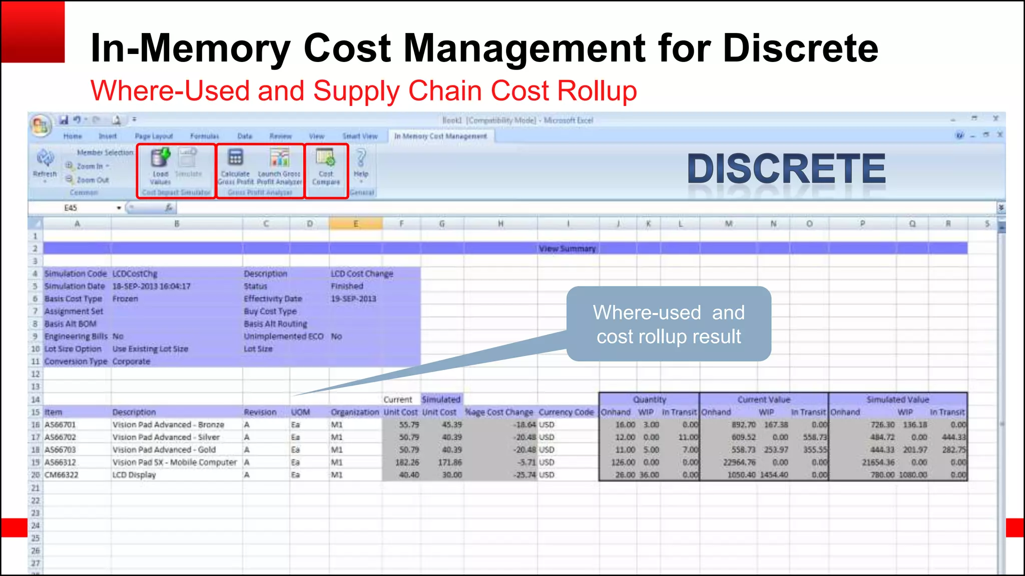 Copyright © 2014, Oracle and/or its affiliates. All rights reserved.73
In-Memory Cost Management for Discrete
Where-Used and Supply Chain Cost Rollup
Where-used and
cost rollup result
 