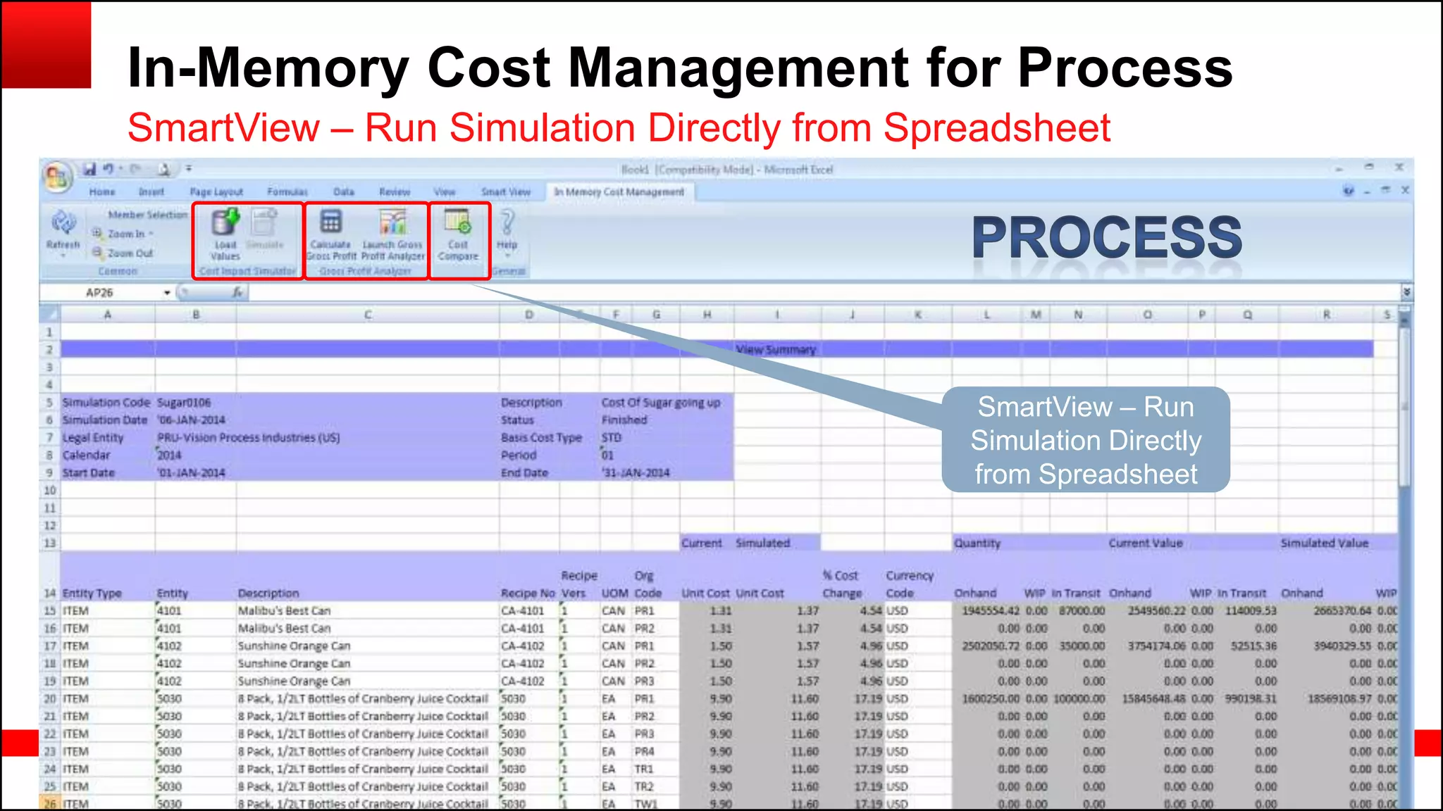 Copyright © 2014, Oracle and/or its affiliates. All rights reserved.77
In-Memory Cost Management for Process
SmartView – Run Simulation Directly from Spreadsheet
SmartView – Run
Simulation Directly
from Spreadsheet
 