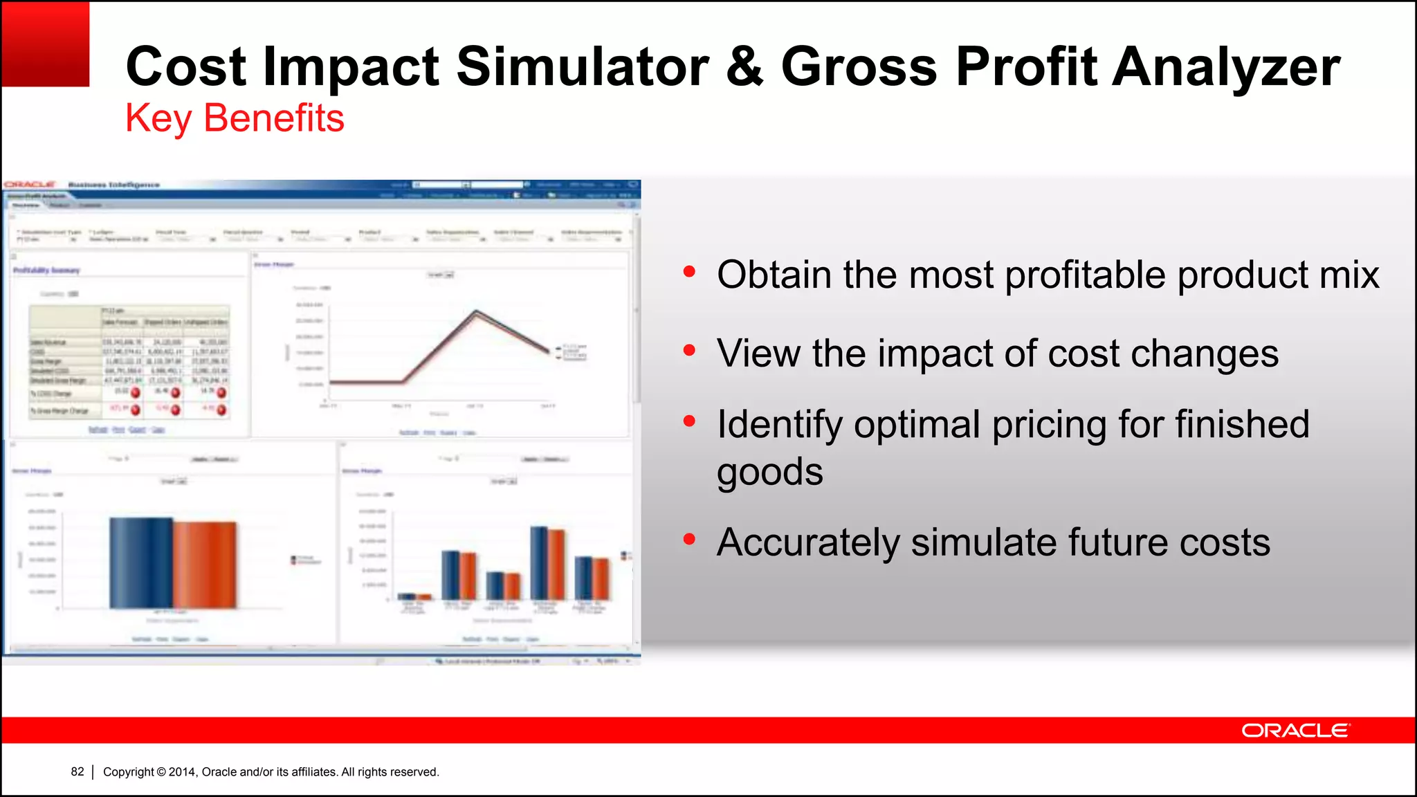 Copyright © 2014, Oracle and/or its affiliates. All rights reserved.82
• Obtain the most profitable product mix
• View the impact of cost changes
• Identify optimal pricing for finished
goods
• Accurately simulate future costs
Cost Impact Simulator & Gross Profit Analyzer
Key Benefits
 