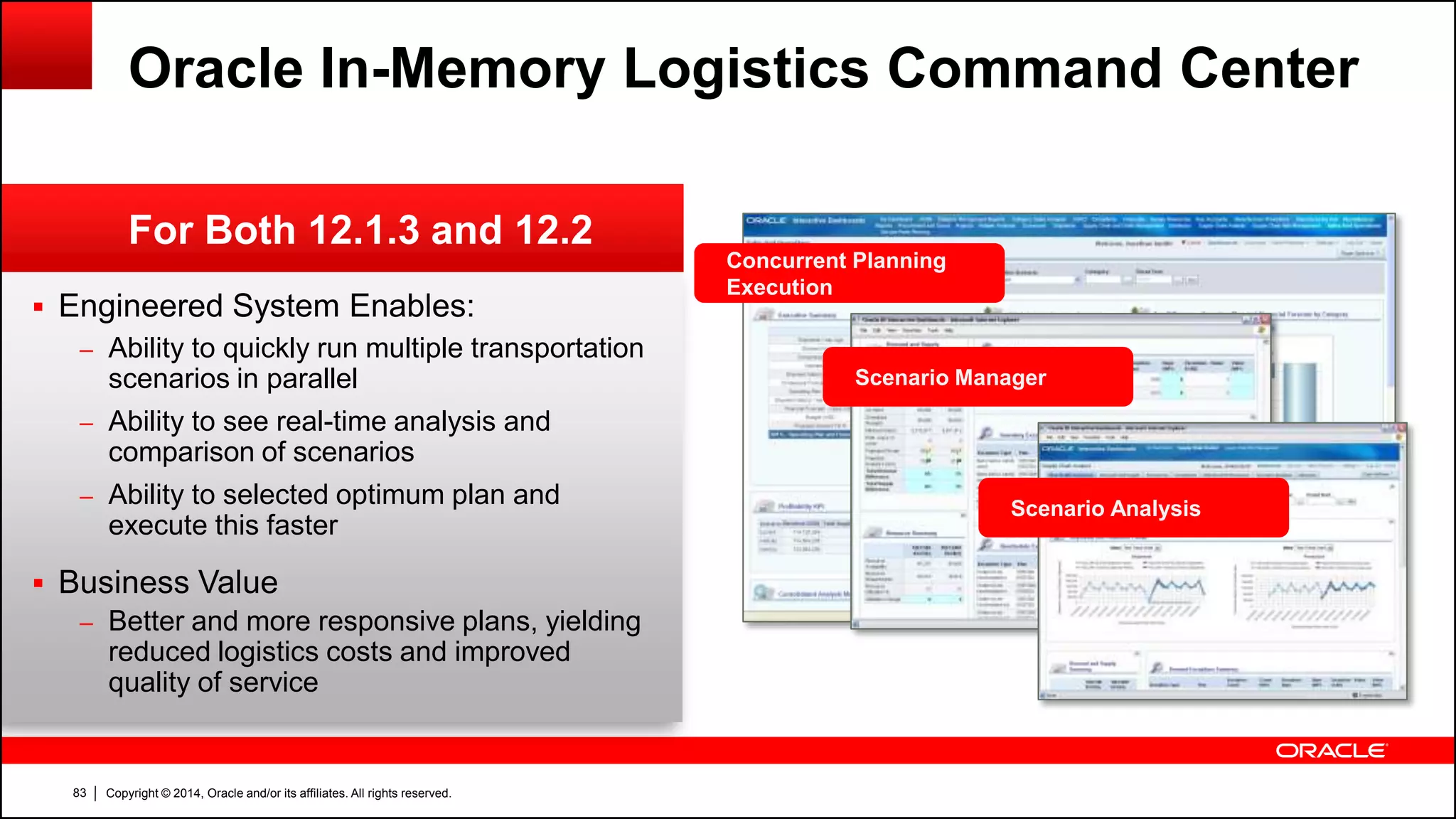 Copyright © 2014, Oracle and/or its affiliates. All rights reserved.83
For Both 12.1.3 and 12.2
Oracle In-Memory Logistics Command Center
 Engineered System Enables:
– Ability to quickly run multiple transportation
scenarios in parallel
– Ability to see real-time analysis and
comparison of scenarios
– Ability to selected optimum plan and
execute this faster
 Business Value
– Better and more responsive plans, yielding
reduced logistics costs and improved
quality of service
Scenario Analysis
Scenario Manager
Concurrent Planning
Execution
 