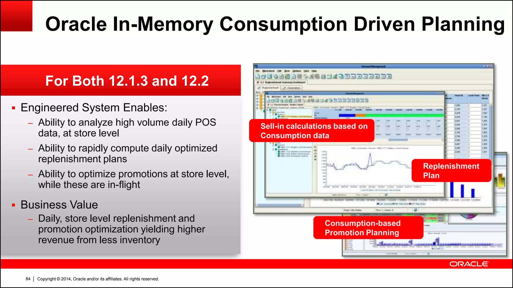 Copyright © 2014, Oracle and/or its affiliates. All rights reserved.84
For Both 12.1.3 and 12.2
Oracle In-Memory Consumption Driven Planning
 Engineered System Enables:
– Ability to analyze high volume daily POS
data, at store level
– Ability to rapidly compute daily optimized
replenishment plans
– Ability to optimize promotions at store level,
while these are in-flight
 Business Value
– Daily, store level replenishment and
promotion optimization yielding higher
revenue from less inventory
Sell-in calculations based on
Consumption data
Replenishment
Plan
Consumption-based
Promotion Planning
 
