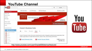 Copyright © 2014, Oracle and/or its affiliates. All rights reserved.39
YouTube Channel
http://www.youtube.com/user/OracleEBSdemos/featured
 