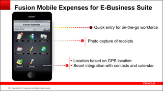 Copyright © 2014, Oracle and/or its affiliates. All rights reserved.43
Fusion Mobile Expenses for E-Business Suite
Photo capture of receipts
 Location based on GPS location
 Smart integration with contacts and calendar
Quick entry for on-the-go workforce
 