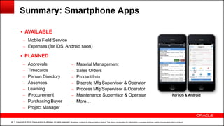 Copyright © 2014, Oracle and/or its affiliates. All rights reserved.48
Summary: Smartphone Apps
 AVAILABLE
– Mobile Field Service
– Expenses (for iOS; Android soon)
 PLANNED
– Approvals
– Timecards
– Person Directory
– Absences
– Learning
– iProcurement
– Purchasing Buyer
– Project Manager
| Roadmap subject to change without notice. The above is intended for information purposes and may not be incorporated into a contract.
– Material Management
– Sales Orders
– Product Info
– Discrete Mfg Supervisor & Operator
– Process Mfg Supervisor & Operator
– Maintenance Supervisor & Operator
– More…
For iOS & Android
 
