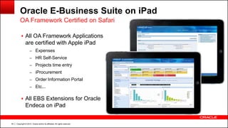Copyright © 2014, Oracle and/or its affiliates. All rights reserved.50
Oracle E-Business Suite on iPad
OA Framework Certified on Safari
 All OA Framework Applications
are certified with Apple iPad
– Expenses
– HR Self-Service
– Projects time entry
– iProcurement
– Order Information Portal
– Etc...
 All EBS Extensions for Oracle
Endeca on iPad
 