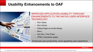 Copyright © 2014, Oracle and/or its affiliates. All rights reserved.60
IMPROVED APPLICATION USABILITY THROUGH
ENHANCEMENTS TO THE NATIVE USER INTERFACE
TECHNOLOGY
 Rich Tables
 Rich HGrids
 Dialog Pages as modal dialogs
 Menu
 Spin Box, Time Picker
 HTML 5 standards uptake
Enhanced user productivity, more appealing user experience.
Usability Enhancements to OAF
| Roadmap subject to change without notice. The above is intended for information purposes and may not be incorporated into a contract.
 