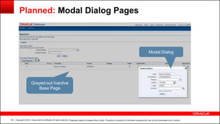 Copyright © 2014, Oracle and/or its affiliates. All rights reserved.65
Modal Dialog
Grayed-out Inactive
Base Page
| Roadmap subject to change without notice. The above is intended for information purposes and may not be incorporated into a contract.
Planned: Modal Dialog Pages
 
