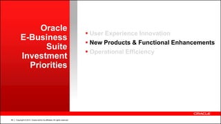 Copyright © 2014, Oracle and/or its affiliates. All rights reserved.68
Oracle
E-Business
Suite
Investment
Priorities
 User Experience Innovation
 New Products & Functional Enhancements
 Operational Efficiency
 