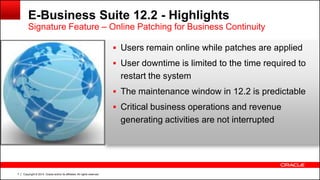Copyright © 2014, Oracle and/or its affiliates. All rights reserved.7
E-Business Suite 12.2 - Highlights
Signature Feature – Online Patching for Business Continuity
 Users remain online while patches are applied
 User downtime is limited to the time required to
restart the system
 The maintenance window in 12.2 is predictable
 Critical business operations and revenue
generating activities are not interrupted
 