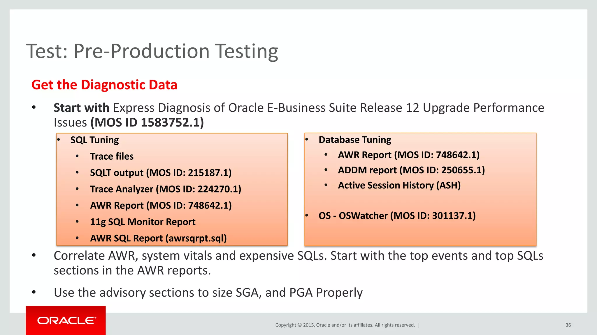 Copyright © 2015, Oracle and/or its affiliates. All rights reserved. |
Test: Pre-Production Testing
Get the Diagnostic Data
• Start with Express Diagnosis of Oracle E-Business Suite Release 12 Upgrade Performance
Issues (MOS ID 1583752.1)
• Correlate AWR, system vitals and expensive SQLs. Start with the top events and top SQLs
sections in the AWR reports.
• Use the advisory sections to size SGA, and PGA Properly
36
• SQL Tuning
• Trace files
• SQLT output (MOS ID: 215187.1)
• Trace Analyzer (MOS ID: 224270.1)
• AWR Report (MOS ID: 748642.1)
• 11g SQL Monitor Report
• AWR SQL Report (awrsqrpt.sql)
• Database Tuning
• AWR Report (MOS ID: 748642.1)
• ADDM report (MOS ID: 250655.1)
• Active Session History (ASH)
• OS - OSWatcher (MOS ID: 301137.1)
 