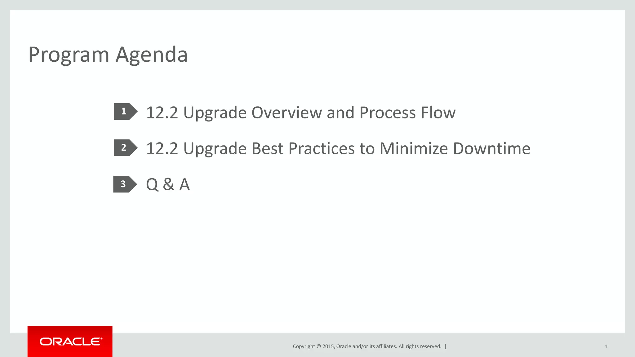Copyright © 2015, Oracle and/or its affiliates. All rights reserved. |
Program Agenda
1
2
12.2 Upgrade Overview and Process Flow
12.2 Upgrade Best Practices to Minimize Downtime
Q & A
4
3
 