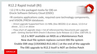 Copyright © 2015, Oracle and/or its affiliates. All rights reserved. |
R12.2 Rapid Install (RI)
•12.2 RI is the packaged media for EBS on
Oracle Software Delivery Cloud (OSDC)
•RI contains applications code, required core technology components,
and VISION /FRESH databases
– Direct upgrade Supported from 11i MBL (Doc 883202.1) or above, 12.0.4 or
above , 12.1.1 or above
– Flow-chart of upgrade steps + list of referenced Key Documents per upgrade
path : Getting Started With Oracle E-Business Suite Release 12.2 (Doc 1587195.1)
12.2 is NOT available on MOS as a Maintenance Pack
New dual file system replaces current EBS file system
Enable EBR step (13543062:R12.AD.C ) at the end of the upgrade
The EBS upgrade to R12.2 itself is NOT an Online Patch
6
 