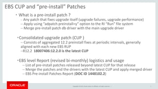 Copyright © 2015, Oracle and/or its affiliates. All rights reserved. |
EBS CUP and “pre-install” Patches
• What is a pre-install patch ?
– Any patch that fixes upgrade itself (upgrade failures, upgrade performance)
– Apply using “adpatch preinstall=y” option to the RI “Run” file system
– Merge pre-install patch db driver with the main upgrade driver
•Consolidated upgrade patch (CUP )
– Consists of aggregated 12.2 preinstall fixes at periodic intervals, generally
aligned with each new EBS RUP
–R12.2 18007406:12.2.0 is the latest CUP
•EBS level Report (revised bi-monthly) logistics and usage
– List of pre-install patches released beyond latest CUP for that release
– Merge the patches and the drivers with the latest CUP and apply merged driver
– EBS Pre-install Patches Report (DOC ID 1448102.2)
8
 