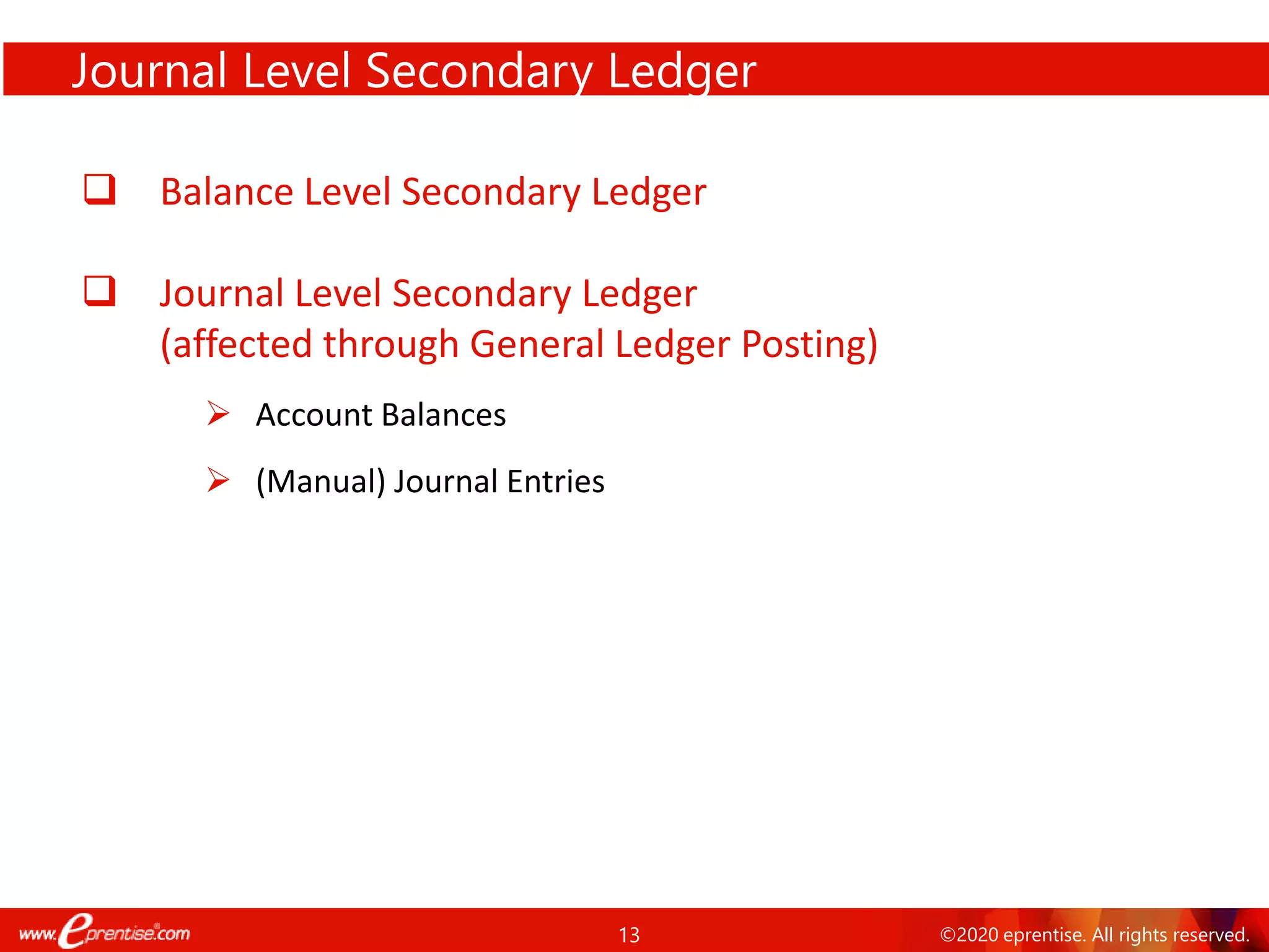 13 ©2020 eprentise. All rights reserved.
Journal Level Secondary Ledger
❑ Balance Level Secondary Ledger
❑ Journal Level Secondary Ledger
(affected through General Ledger Posting)
➢ Account Balances
➢ (Manual) Journal Entries
 