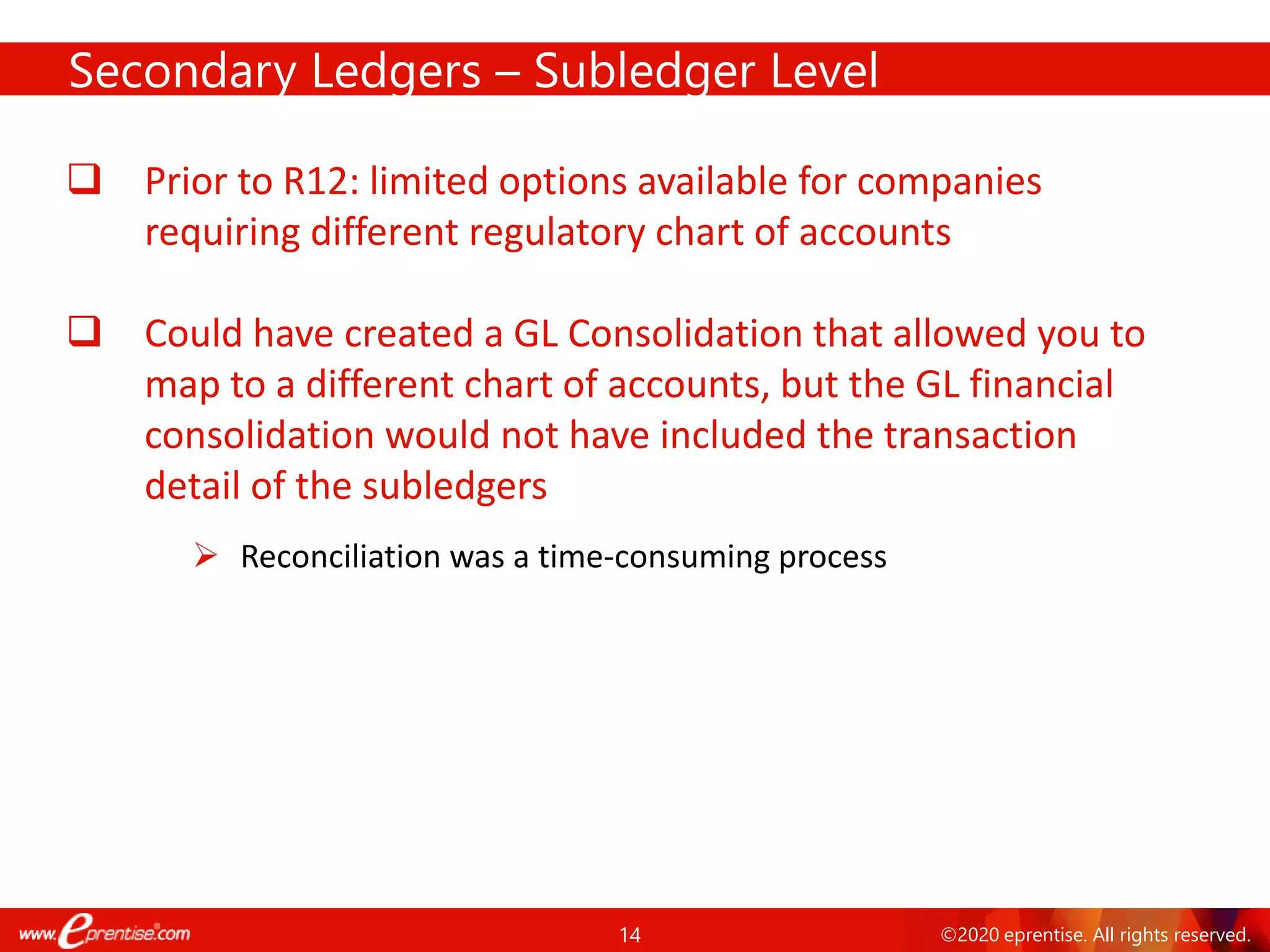 14 ©2020 eprentise. All rights reserved.
Secondary Ledgers – Subledger Level
❑ Prior to R12: limited options available for companies
requiring different regulatory chart of accounts
❑ Could have created a GL Consolidation that allowed you to
map to a different chart of accounts, but the GL financial
consolidation would not have included the transaction
detail of the subledgers
➢ Reconciliation was a time-consuming process
 