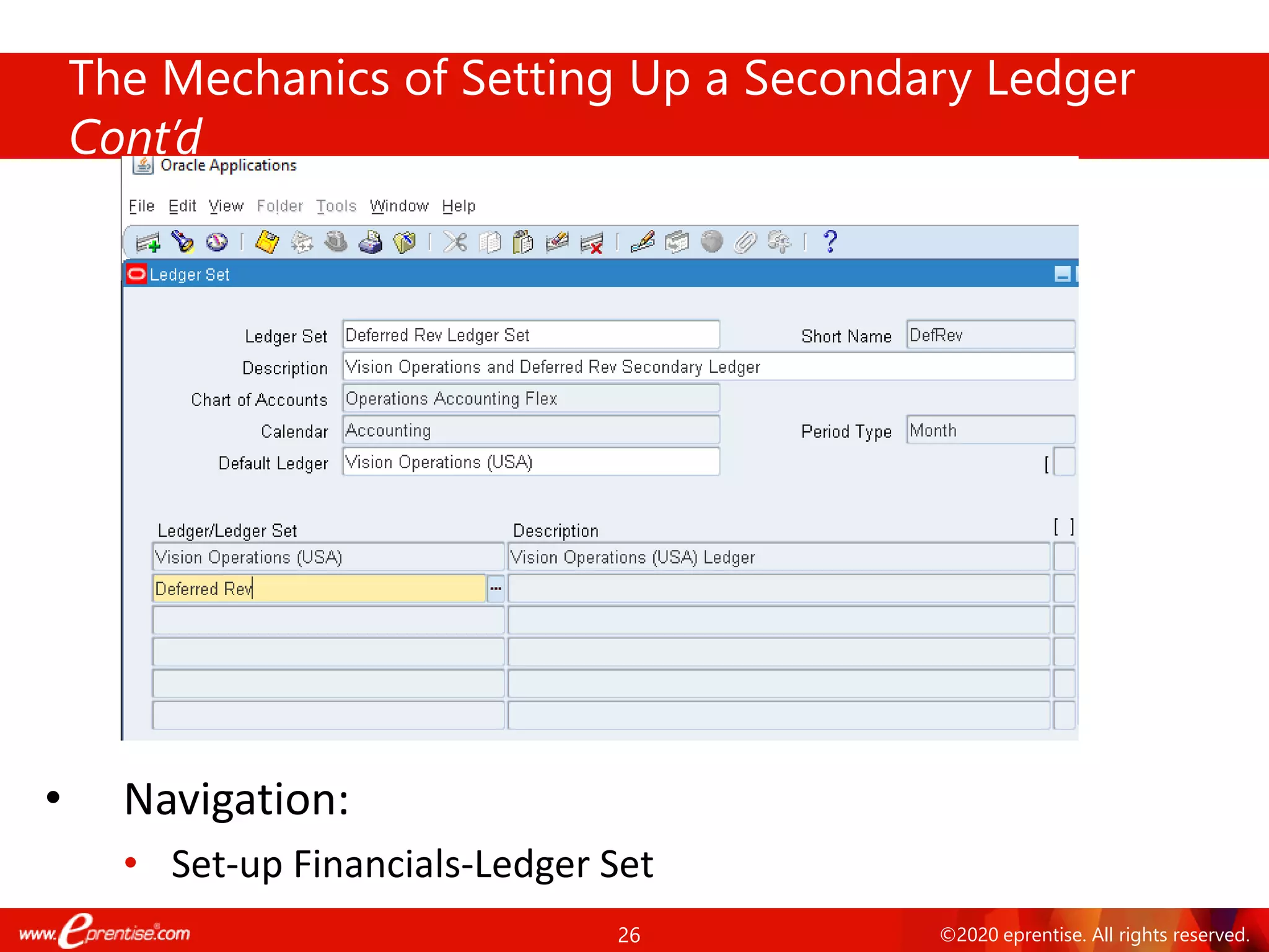26 ©2020 eprentise. All rights reserved.
The Mechanics of Setting Up a Secondary Ledger
Cont’d
• Navigation:
• Set-up Financials-Ledger Set
 