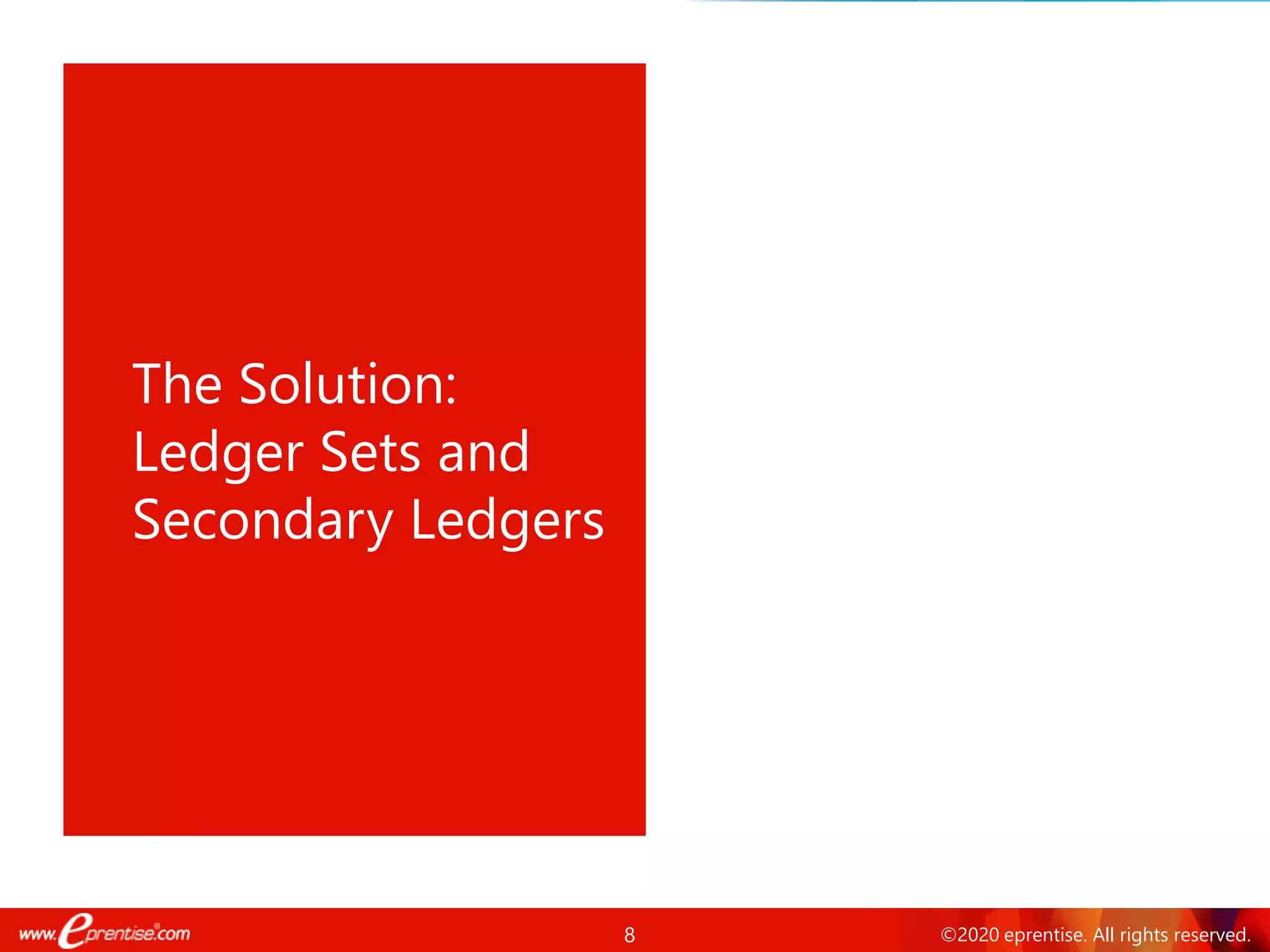 8 ©2020 eprentise. All rights reserved.
The Solution:
Ledger Sets and
Secondary Ledgers
 