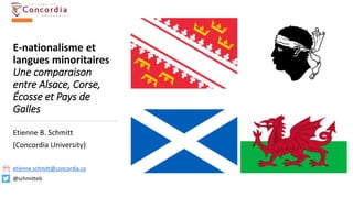 E-nationalisme et
langues minoritaires
Une comparaison
entre Alsace, Corse,
Écosse et Pays de
Galles
Etienne B. Schmitt
(Concordia University)
etienne.schmitt@concordia.ca
@schmitteb
 