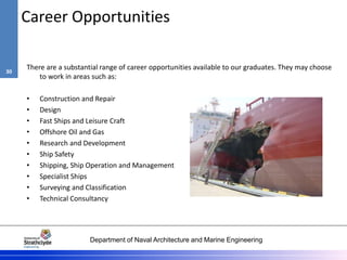 Department of Naval Architecture and Marine Engineering
Career Opportunities
There are a substantial range of career opportunities available to our graduates. They may choose
to work in areas such as:
• Construction and Repair
• Design
• Fast Ships and Leisure Craft
• Offshore Oil and Gas
• Research and Development
• Ship Safety
• Shipping, Ship Operation and Management
• Specialist Ships
• Surveying and Classification
• Technical Consultancy
30
 