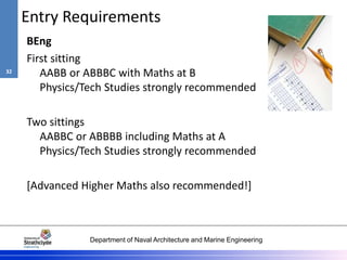 Department of Naval Architecture and Marine Engineering
Entry Requirements
BEng
First sitting
AABB or ABBBC with Maths at B
Physics/Tech Studies strongly recommended
Two sittings
AABBC or ABBBB including Maths at A
Physics/Tech Studies strongly recommended
[Advanced Higher Maths also recommended!]
32
 