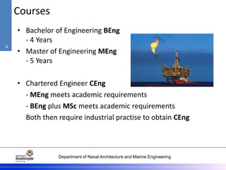 Department of Naval Architecture and Marine Engineering
Courses
• Bachelor of Engineering BEng
- 4 Years
• Master of Engineering MEng
- 5 Years
• Chartered Engineer CEng
- MEng meets academic requirements
- BEng plus MSc meets academic requirements
Both then require industrial practise to obtain CEng
5
 