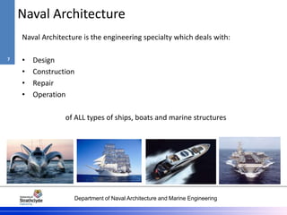 Department of Naval Architecture and Marine Engineering
Naval Architecture
Naval Architecture is the engineering specialty which deals with:
• Design
• Construction
• Repair
• Operation
of ALL types of ships, boats and marine structures
7
 