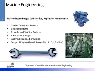 Department of Naval Architecture and Marine Engineering
Marine Engine Design, Construction, Repair and Maintenance
• Control Theory and Practice
• Electrical Systems
• Propeller and Shafting Systems
• Fuel Cell Technology
• Systems Design and simulation
• Design of Engines (Diesel, Diesel-Electric, Gas Turbine)
Marine Engineering
8
 