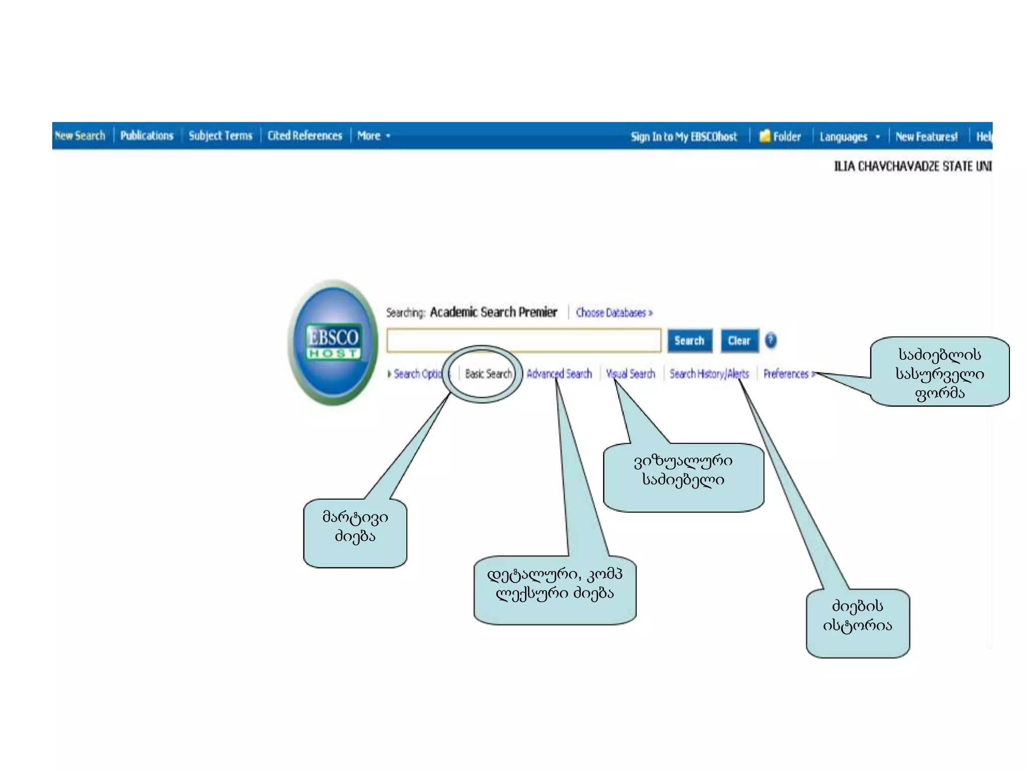 საძიებლის
                                                  სასურველი
                                                    ფორმა



                           ვიზუალური
                            საძიებელი

მარტივი
  ძიება

          დეტალური, კომპ
           ლექსური ძიება
                                         ძიების
                                        ისტორია
 