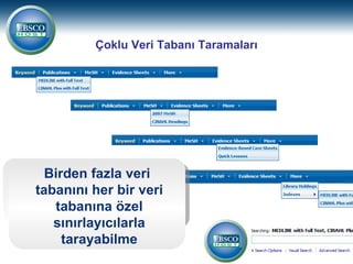 Çoklu Veri Tabanı Taramaları




  Birden fazla veri
tabanını her bir veri
   tabanına özel
   sınırlayıcılarla
     tarayabilme
 