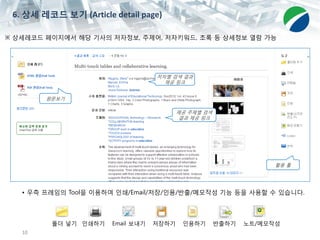 10
※ 상세레코드 페이지에서 해당 기사의 저자정보, 주제어, 저자키워드, 초록 등 상세정보 열람 가능
• 우측 프레임의 Tool을 이용하여 인쇄/Email/저장/인용/반출/메모작성 기능 등을 사용할 수 있습니다.
원문보기
활용 툴
인쇄하기 Email 보내기 저장하기 인용하기 반출하기
폴더 넣기 노트/메모작성
6. 상세 레코드 보기 (Article detail page)
제공 주제별 검색
결과 제공 링크
저자별 검색 결과
제공 링크
 
