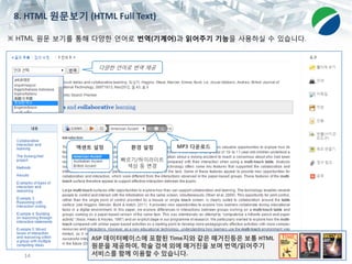 14
8. HTML 원문보기 (HTML Full Text)
ASP 데이터베이스에 포함된 Time지와 같은 매거진등은 보통 HTML
원문을 제공하여, 학술 검색 외에 매거진을 보며 번역/읽어주기
서비스를 함께 이용할 수 있습니다.
※ HTML 원문 보기를 통해 다양한 언어로 번역(기계어)과 읽어주기 기능을 사용하실 수 있습니다.
다양한 언어로 번역 제공
엑센트 설정 환경 설정
빠르기/하이라이트
색상 등 변경
MP3 다운로드
 