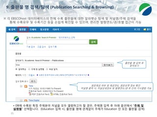 15
※ 각 EBSCOhost 데이터베이스의 전체 수록 출판물에 대한 알파벳순 탐색 및 저널명/주제 검색을
통해 수록유무 및 수록기간 등을 손쉽게 확인할 수 있으며, 편리한 발형연도/권/호별 접근이 가능
• DB에 수록된 특정 주제분야 저널을 모두 열람하고자 할 경우, 주제명 입력 후 아래 옵션에서 “주제 및
설명별” 선택합니다. (Education 입력 시, 출판물 명에 관계없이 주제가 Education 인 모든 출판물 검색)
출판물 명 입력 후
찾아보기
원문제공 여부 및 제공연도, 원문포맷 정보 확인
저널명 클릭 시, 저널상세정보 및 발행연도/권 호 단위 기사열람 가능
9. 출판물 명 검색/탐색 (Publication Searching & Browsing)
 