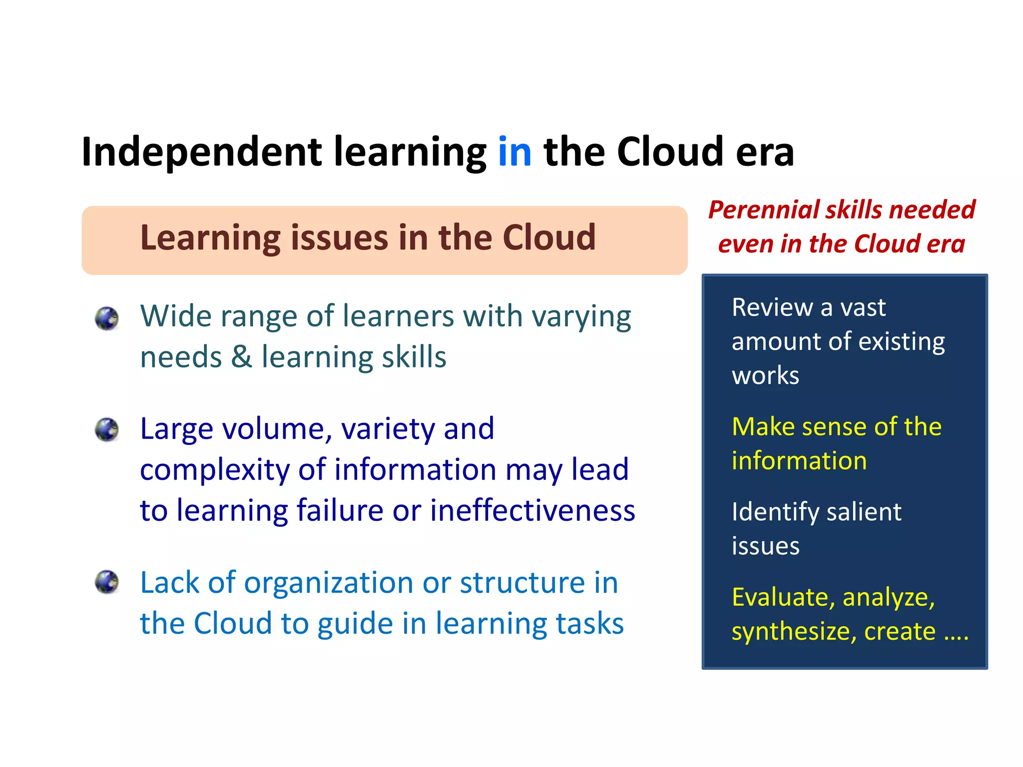 Independent learning in the Cloud era
Learning issues in the Cloud
Wide range of learners with varying
needs & learning skills
Large volume, variety and
complexity of information may lead
to learning failure or ineffectiveness
Lack of organization or structure in
the Cloud to guide in learning tasks
Review a vast
amount of existing
works
Make sense of the
information
Identify salient
issues
Evaluate, analyze,
synthesize, create ….
Perennial skills needed
even in the Cloud era
 