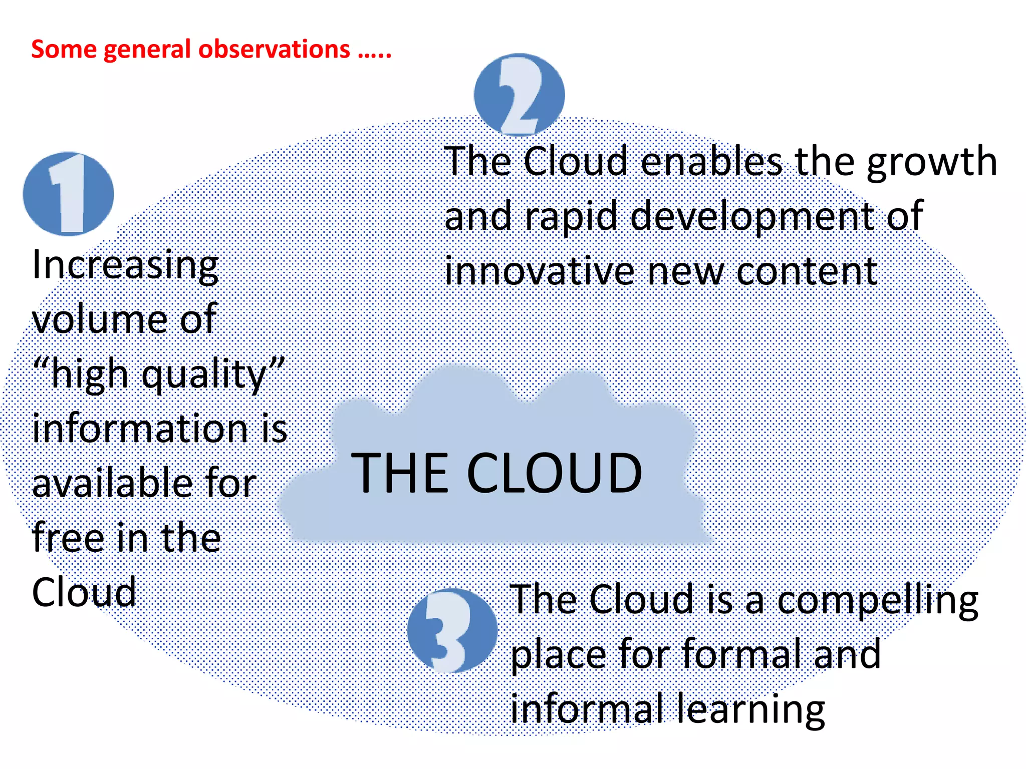 THE CLOUD
Increasing
volume of
“high quality”
information is
available for
free in the
Cloud
The Cloud enables the growth
and rapid development of
innovative new content
The Cloud is a compelling
place for formal and
informal learning
Some general observations …..
 